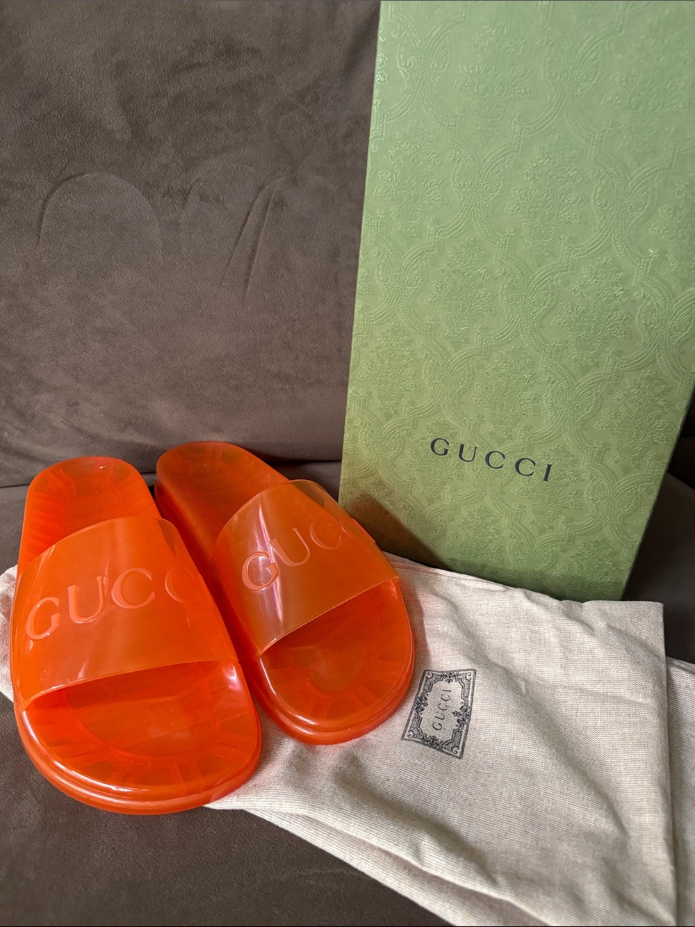 Gucci Bright Orange Translucent Logo Slides Unisex Men’s 10 Women’s 12